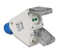 Adattatore Industriale Doppio Spina: 2P + T16A Cee Blu. Presa: 2X2P + T 16A Bipasso Schuko - Ip44.