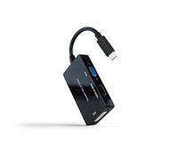 Adattatore multiporta che converte una connessione USB-C maschio in uscite HDMI, DVI e VGA femmina, colore nero. Ideale per collegare dispositivi USB-C a più schermi.