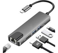 Adattatore multiporta USB C Ethernet 5 in 1 per MacBook, hub USB C a splitter HDMI 4K a 65 once con 2 USB 3.0 1 Dock Dongle, compatibile con MacBook Pro Air/Chromebook/Dell XPS/HP/Matebook