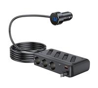 Adattatore per accendisigari da auto a ricarica rapida da 142 W con PD da 45 W, doppia USB, cavo retrattile, splitter a 3 porte 12 V, display di tensione e interruttori indipendenti
