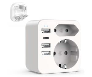 Adattatore Presa Inglese Hoppac 6 in1,Carica 6 Dispositivi In Parallelo,Con 3 USB e 1 USB C e Spina Europea e Schuko,Il Tipo G è Adatto Per Regno Unito/Irlanda/Malta,Design Compatto Adatto Ai Viaggi