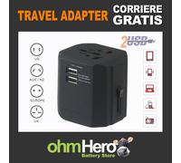 Adattatore UNIVERSALE da viaggio CARICA USB x 2 presa-spina NERO
