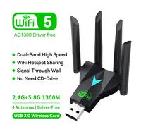 Adattatore USB WiFi Dual Band 1300Mbps Dongle wi-fi 2.4G/5Ghz USB3.0 802.11AC ricevitore Wireless a 4 antenne per Driver PC/Laptop gratuito