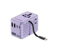 Verbatim GaN - Adattatore da viaggio 100 W, colore viola, con cavo integrato e 2 x USB-C, 2 x USB-A, 2 x connettori USA/JP, caricatore rapido universale per laptop, smartphone e altro ancora