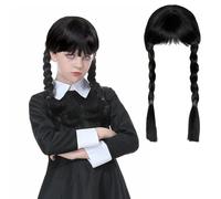 Adda-ms Parrucca Cosplay per Halloween Carnevale Party, Parrucca di mercoledì Lunga, Parrucca Nera Trecce per Donna Bambina