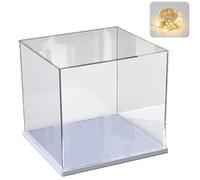 Addensato Vetrina Espositiva Teca Plexiglass Acrilico per Lego 75328 Helmet 10281 Collezionismo, Vetrina Trasparente Cubo Scatola con Base in Legno-plastica &Luce di Stringa, Interno Bianco 20x20x20cm