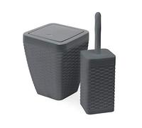 Addis Bagno Quadrato in Finta Rattan, con pattumiera oscillante e scopino per WC, Colore: Grigio Antracite, Plastica Ecopelle, Carbone, Bin & Toilet Set
