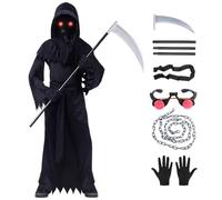 ADDLIVE Costume da Tristo Mietitore Bambino, 6 Pezzi Costume Morte Bambino Con Mantello da Mietitore, Falce, Occhiali, Catena in Vita, Maschera, Guanti, per Festa di Halloween a tema Carnevale