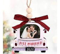 Addobbi Natalizi Personalizzati Just Married, Regali di Nozze 2025 Addobbi in Legno Personalizzati con Cornice Foto per Regali di Fidanzamento e Matrimonio per Sposi Novelli