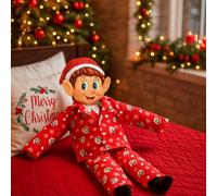 Addobbo Di Natale Elfo In Pigiama 30cm In Tessuto Rosso Decorato Con Fiocchi Di Neve - Perfetto Per Casa Albero E Decorazioni Natalizie