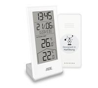 ADE Stazione meteo digitale con sensore esterno | termometro per temperatura interna ed esterna | orologio e calendario radiocontrollato con giorno della settimana | batterie incluse | bianco