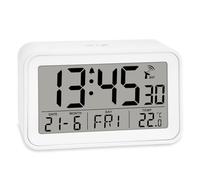 ADE Sveglia radio-controllata da comodino digitale con luce | Display della temperatura e calendario | Sveglia da viaggio compatta | Graziosa custodia bianca opaca | Con batteria