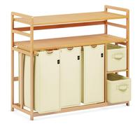 AdelDream - Cesto portabiancheria a 5 scomparti, 2 ripiani, 190 l, con cestino, con 3 sacchetti per la biancheria e 2 scatole di stoffa, in bambù, colore: beige