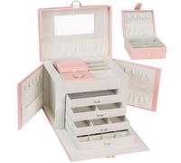 AdelDream Portagioie grande con serratura a 5 livelli con 5 cassetti con specchio per anelli orecchini collane e bracciali elegante e classico rosa3