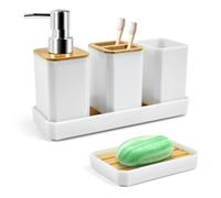 ADERTOS Set Accessori Bagno Moderni di 5 Pezzi, Dispenser Sapone Liquido, Porta Sapone Doccia, Porta Spazzolino da Denti, Tazza per Spazzolino da Denti, Sottobicchieri, in bambù e Plastica (Bianco)
