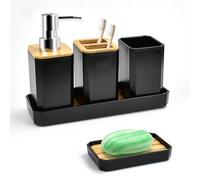 ADERTOS Set Accessori Bagno Moderni di 5 Pezzi, Dispenser Sapone Liquido, Porta Sapone Doccia, Porta Spazzolino da Denti, Tazza per Spazzolino da Denti, Sottobicchieri, in Bambù e Plastica (Nero)