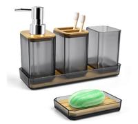 ADERTOS Set Accessori Bagno Moderni di 5 Pz, Dispenser Sapone Liquido, Porta Sapone Doccia, Porta Spazzolino da Denti, Tazza per Spazzolino da Denti, Sottobicchieri (Grigio Trasparente)