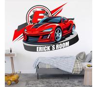 AdesiivoStudio Decorazione della stanza dell'automobile dei bambini decalcomania della parete del nome della bandiera della corsa dell'arte della parete personalizzata per bambini neonati e bambini