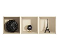 Adesivi 3D | Adesivo murale adesivo da parete effetto 3D Mondo, orologio e torre Eiffel - Adesivo da parete per camera da letto 3D - Decorazione da parete "Trompe l'occhio" - 40x120cm