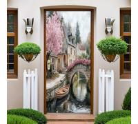 Adesivi 3D per Porta 90 x 200 cm Paesaggio del villaggio lungo il fiume Fotomurali Autoadesivi Per Porte In Vinile, Impermeabile Carta da Parati Soggiorno Cucina Camerette Art Applique Poster