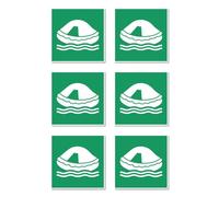 Adesivi: 50 x 50 mm, 6 pezzi - Zattera di salvataggio - E038 - verde/bianco - DIN EN ISO 7010 / ASR A1.3