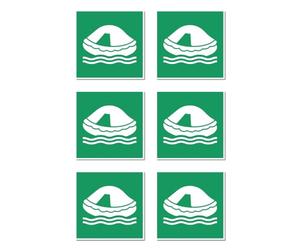Adesivi: 50 x 50 mm, 6 pezzi - Zattera di salvataggio - E038 - verde/bianco - DIN EN ISO 7010 / ASR A1.3