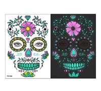 Adesivi con teschio dal design nottilucente per feste, A | Scheletro floreale del teschio zucchero del giorno dei morti, tatuaggio con maschera a pieno facciale