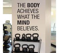 Adesivi da parete con scritta in lingua inglese "Gym The Body Achieves What The Mind Believes" con citazione motivazionale, per allenamento e fitness, 42 x 34 cm