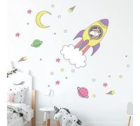 Adesivi da parete per bambini - Decorazione della camera dei bambini - Adesivo da parete per cameretta bambini, motivo: unicorno e razzo nello spazio - H60xL90 cm