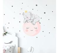 Adesivi da parete per bambini - Decorazione della cameretta dei bambini, motivo: elefante sulla luna e 30 stelle - H40 x L30 cm