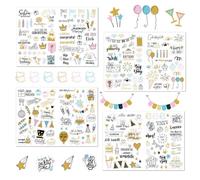 Adesivi di compleanno (4 fogli da 225 motivi), adesivi di compleanno dal design affettuoso come decorazioni per feste per adulti e bambini (tedesco e inglese, Party Gold)
