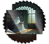 Adesivi inappropriati Un fantasma legge un libro in una biblioteca accogliente. Adesivi 10 cartelli da bar per adesivi decorativi per la casa divertenti (6 x 9 cm)