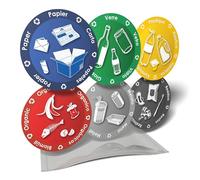 Adesivi informativi - pittogrammi per l'organizzazione della raccolta differenziata dei rifiuti per bidoni o contenitori, 6 adesivi rotondi - 9,5 cm