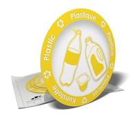 Adesivi informativi - pittogrammi "plastica" per l'organizzazione della raccolta differenziata dei rifiuti per bidoni o contenitori, 6 adesivi rotondi - 9,5 cm