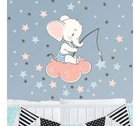 Adesivi murali bambini - Decorazione cameretta - Adesivi murali bambino - Adesivo murale elefante su nuvola + 110 stelle - Adesivo murale ragazzo - H35x L30 cm