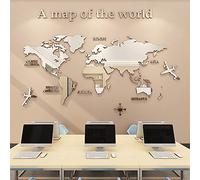 Adesivi Murali con Specchio Acrilico con Mappa del Mondo 3D per Ufficio Studio Soggiorno Camera da Letto, Adesivo Decorativo Riflettente per Puzzle Fai da Te, Argento