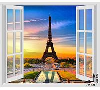 Adesivi Murali Finestra - Paesaggi Vari Mare e Oceano - WALL STICKERS 3D parete muro (60x70 cm, Parigi Torre Eiffel - N019)