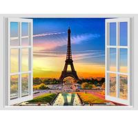 Adesivi Murali Finestra - Paesaggi Vari Mare e Oceano - WALL STICKERS 3D parete muro (70x100 cm, Parigi Torre Eiffel - N019)