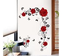 Adesivi Murali Fiore Rosa Rossa, Acquerello Rose Fiore Decorazione Murale, Fiori Vite Adesivi da Parete Romantico, Fiori Farfalla Foglie Decorazione Murale per Camera da Letto Soggiorno
