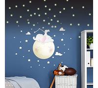 Adesivi murali per bambini, decorazione per cameretta dei bambini, adesivo da parete, motivo: elefante e coniglio sulla luna e 110 stelle (140 x 120 cm) + 100 adesivi con stelle fosforescenti