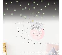 Adesivi murali per bambini, decorazione per cameretta dei bambini, adesivo da parete, motivo: elefante sulla luna e 30 stelle (165 x 120 cm) + 100 adesivi a forma di stelle fosforescenti