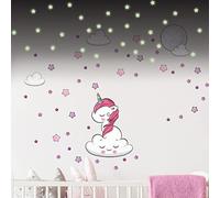 Adesivi murali per bambini, decorazione per cameretta dei bambini, adesivo da parete per bambini, motivo: unicorno sognoso e 70 stelle (120 x 130 cm) + 100 adesivi a forma di stelle fosforescenti