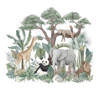 Adesivi murali personalizzati con animali della giungla ad acquerello, rimovibili e autoadesivi in PVC, ideali per l'educazione dei bambini