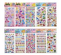 Adesivi per Bambini,10 Fogli Puffy Stickers Aesthetic 3D Stiker Adesivi Murali Timbri Bambini Adesivi Scrapbooking Piccoli,Inclusi Animali Dinosauro Ombrello Stella Sirena Principessa Lettere Cuore