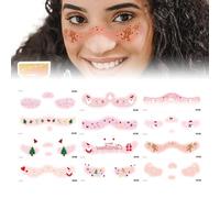 Adesivi per il trucco per il viso, adesivi natalizi per il viso per donne, 12 adesivi temporanei per il trucco, - preferenze per le vacanze, falsi fard, cuore d'amore, fiocco di neve, alce