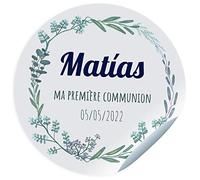 Adesivi per la comunione. Adesivi personalizzati con nome e data per i regali dei tuoi ospiti. Dimensioni 45/60/75 mm. (Testo blu)