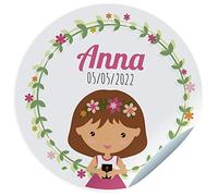 Adesivi per la comunione. Adesivi personalizzati con nome e data per i regali dei tuoi ospiti. Dimensioni 45/60/75 mm. (Ragazza di castagno)