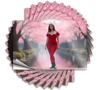 Adesivi per la tua auto Una donna in un vestito rosso si trova vicino a un sentiero foderato con fiori di ciliegio. Adesivi 10 adesivi per scherzi adesivi per parabrezza per auto (12 x 18 cm)