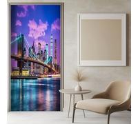 Adesivi per Porte 3D per porte interne Ponte Di Brooklyn Di Notte, New York 77x200 cm Blu Viola Autoadesivo Poster murale Decalcomanie Rimovibile Soggiorno Cucina Camera da letto Decorazione Parete