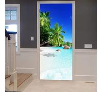 Adesivi Per Porte 3D Per Porte Interne Scenario Del Cielo Blu Dell'Albero Di Cocco Della Spiaggia 90 X 210 Cm Decalcomanie Murali Autoadesive Impermeabili In Vinile Per Porta Per Camera Da Letto, Uff
